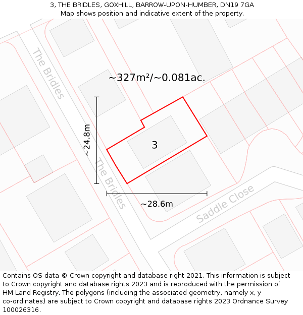 3, THE BRIDLES, GOXHILL, BARROW-UPON-HUMBER, DN19 7GA: Plot and title map