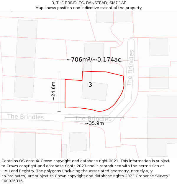 3, THE BRINDLES, BANSTEAD, SM7 1AE: Plot and title map