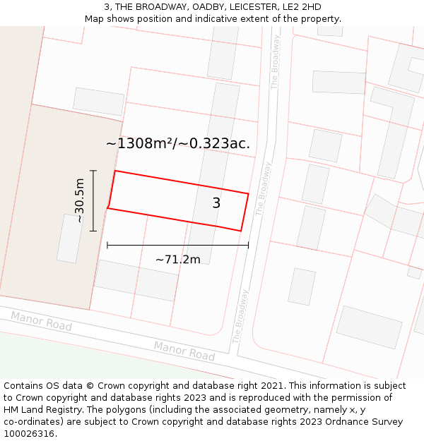 3, THE BROADWAY, OADBY, LEICESTER, LE2 2HD: Plot and title map