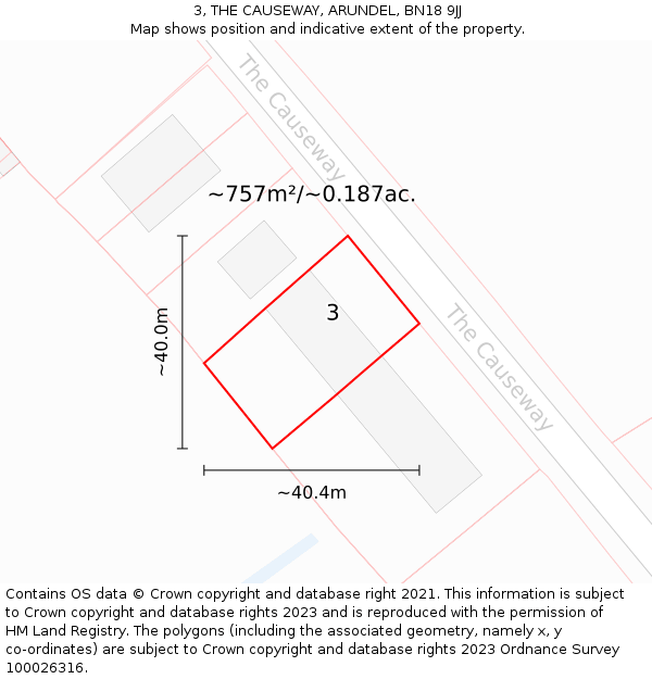 3, THE CAUSEWAY, ARUNDEL, BN18 9JJ: Plot and title map