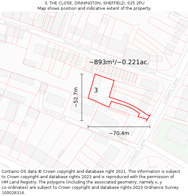 3, THE CLOSE, DINNINGTON, SHEFFIELD, S25 2PU: Plot and title map