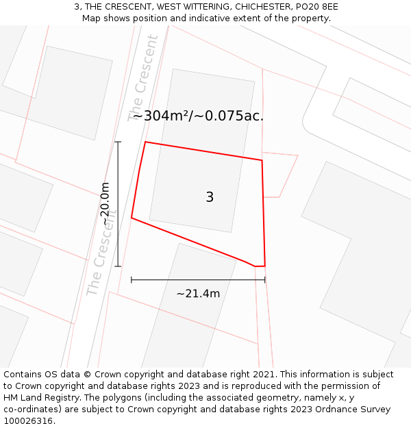 3, THE CRESCENT, WEST WITTERING, CHICHESTER, PO20 8EE: Plot and title map