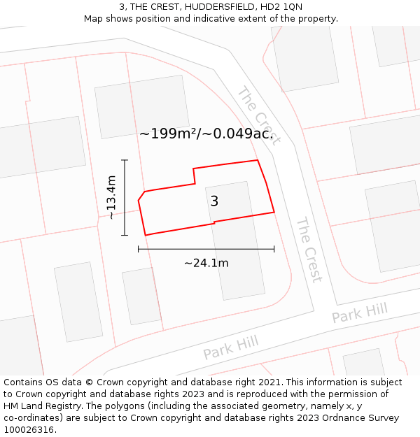 3, THE CREST, HUDDERSFIELD, HD2 1QN: Plot and title map