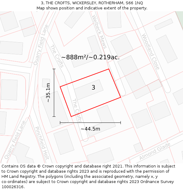 3, THE CROFTS, WICKERSLEY, ROTHERHAM, S66 1NQ: Plot and title map