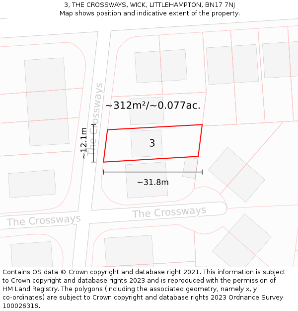 3, THE CROSSWAYS, WICK, LITTLEHAMPTON, BN17 7NJ: Plot and title map