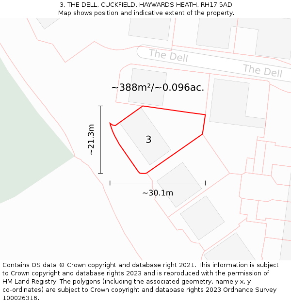 3, THE DELL, CUCKFIELD, HAYWARDS HEATH, RH17 5AD: Plot and title map