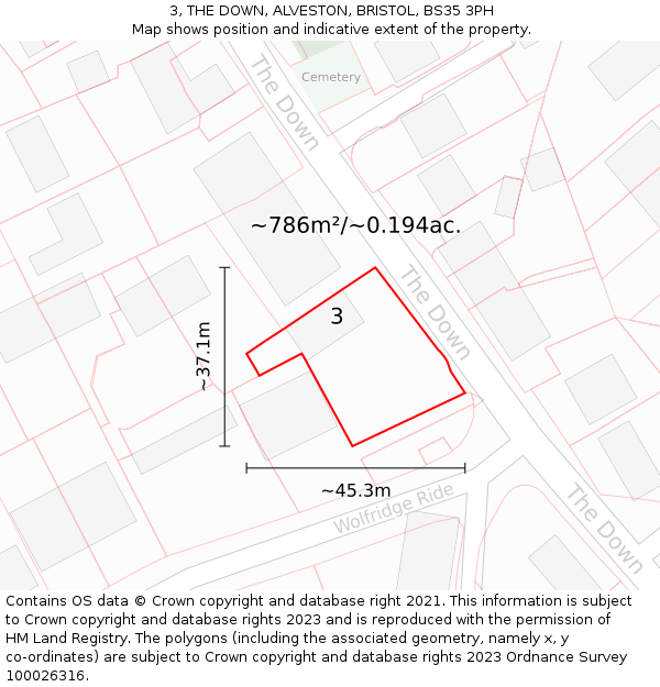 3, THE DOWN, ALVESTON, BRISTOL, BS35 3PH: Plot and title map
