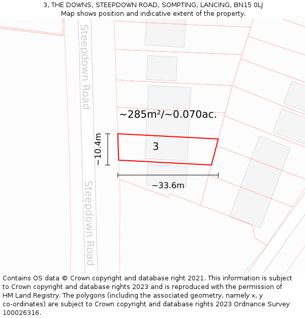 3, THE DOWNS, STEEPDOWN ROAD, SOMPTING, LANCING, BN15 0LJ: Plot and title map