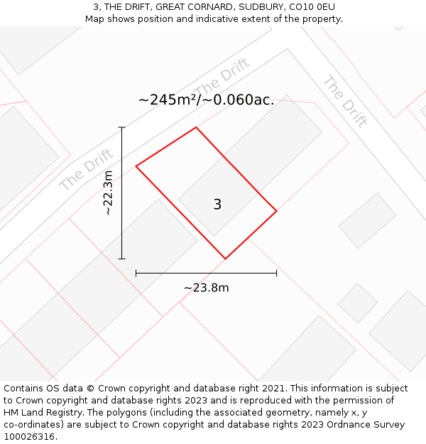 3, THE DRIFT, GREAT CORNARD, SUDBURY, CO10 0EU: Plot and title map