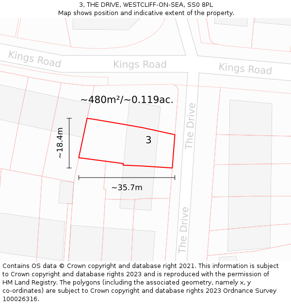 3, THE DRIVE, WESTCLIFF-ON-SEA, SS0 8PL: Plot and title map