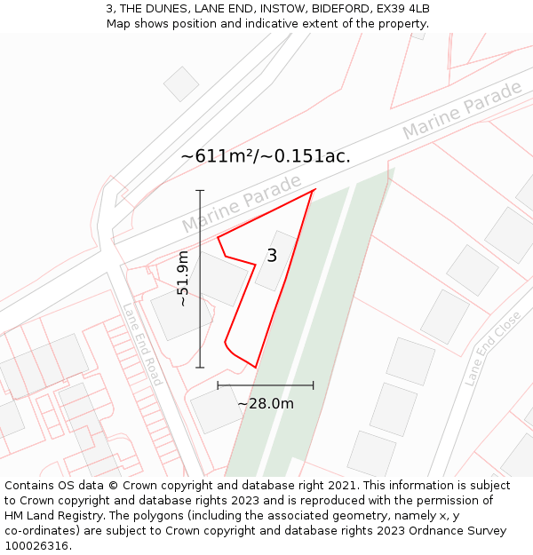 3, THE DUNES, LANE END, INSTOW, BIDEFORD, EX39 4LB: Plot and title map