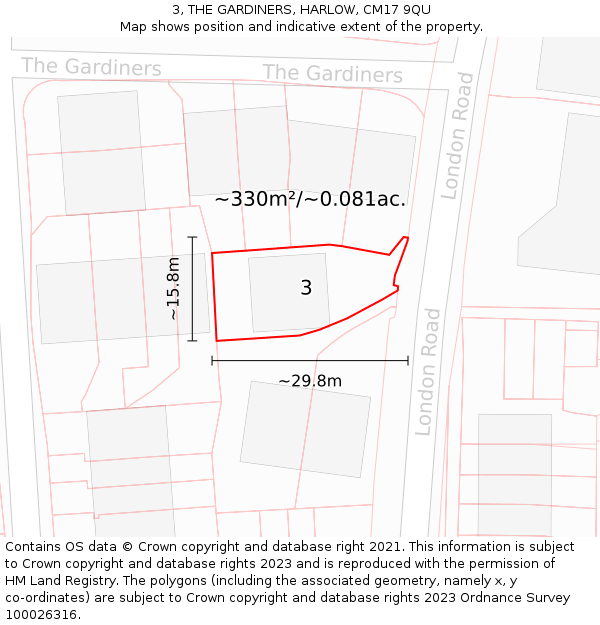 3, THE GARDINERS, HARLOW, CM17 9QU: Plot and title map