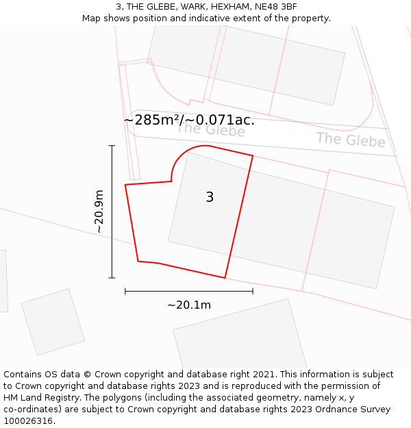 3, THE GLEBE, WARK, HEXHAM, NE48 3BF: Plot and title map