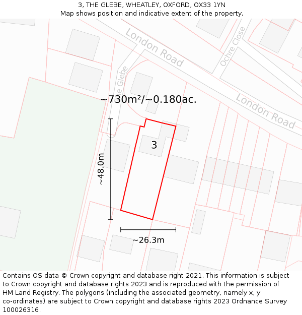 3, THE GLEBE, WHEATLEY, OXFORD, OX33 1YN: Plot and title map