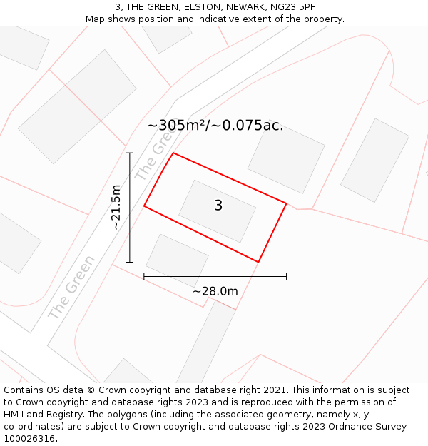 3, THE GREEN, ELSTON, NEWARK, NG23 5PF: Plot and title map