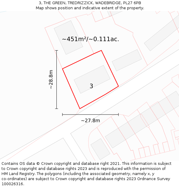 3, THE GREEN, TREDRIZZICK, WADEBRIDGE, PL27 6PB: Plot and title map