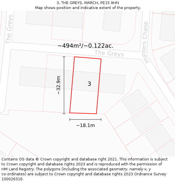 3, THE GREYS, MARCH, PE15 9HN: Plot and title map