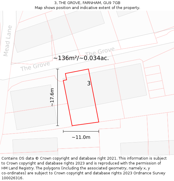 3, THE GROVE, FARNHAM, GU9 7GB: Plot and title map