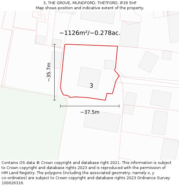 3, THE GROVE, MUNDFORD, THETFORD, IP26 5HF: Plot and title map