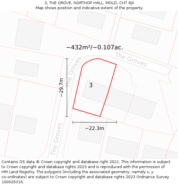 3, THE GROVE, NORTHOP HALL, MOLD, CH7 6JX: Plot and title map