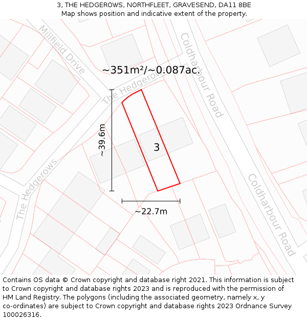 3, THE HEDGEROWS, NORTHFLEET, GRAVESEND, DA11 8BE: Plot and title map