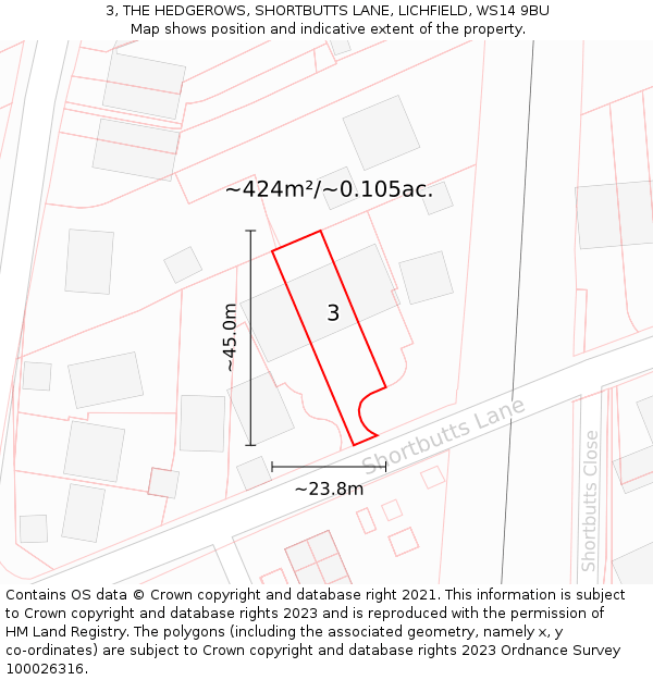 3, THE HEDGEROWS, SHORTBUTTS LANE, LICHFIELD, WS14 9BU: Plot and title map
