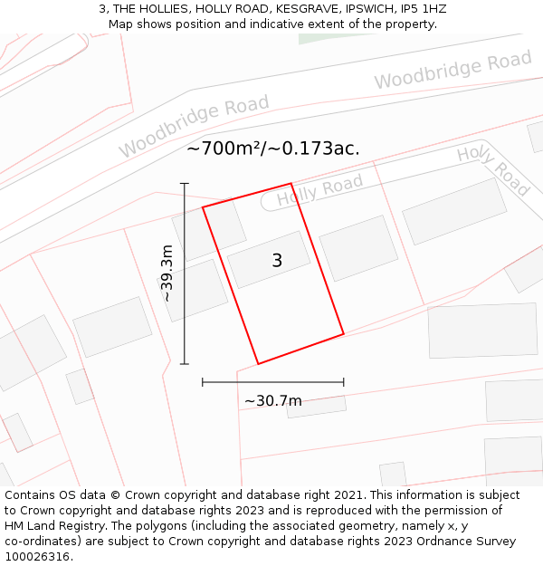 3, THE HOLLIES, HOLLY ROAD, KESGRAVE, IPSWICH, IP5 1HZ: Plot and title map