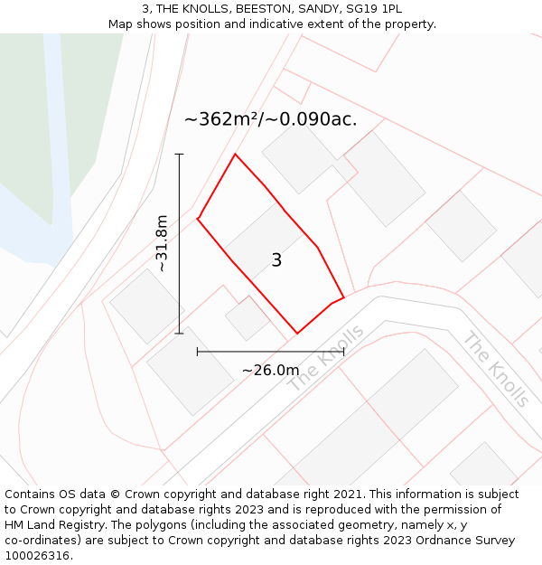 3, THE KNOLLS, BEESTON, SANDY, SG19 1PL: Plot and title map