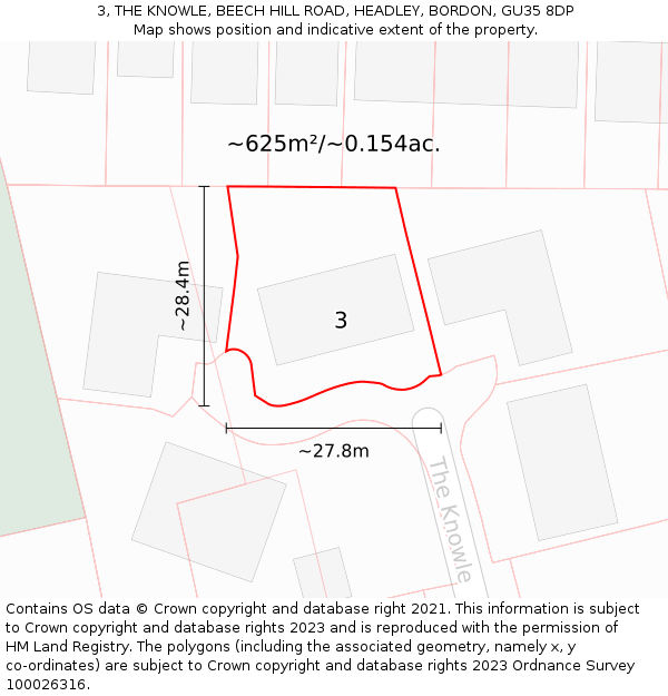3, THE KNOWLE, BEECH HILL ROAD, HEADLEY, BORDON, GU35 8DP: Plot and title map