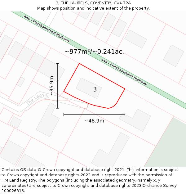 3, THE LAURELS, COVENTRY, CV4 7PA: Plot and title map