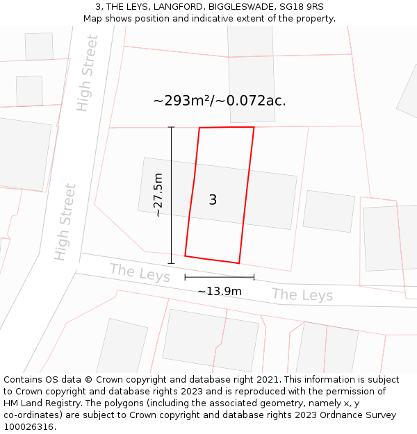 3, THE LEYS, LANGFORD, BIGGLESWADE, SG18 9RS: Plot and title map