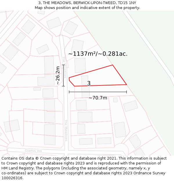 3, THE MEADOWS, BERWICK-UPON-TWEED, TD15 1NY: Plot and title map