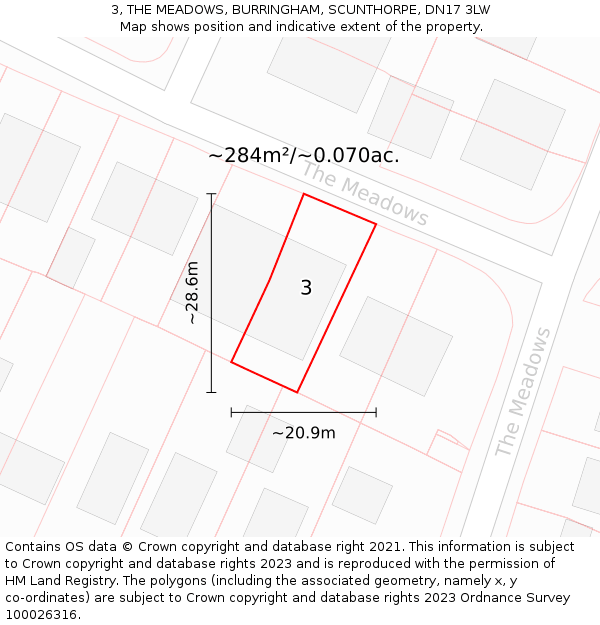 3, THE MEADOWS, BURRINGHAM, SCUNTHORPE, DN17 3LW: Plot and title map