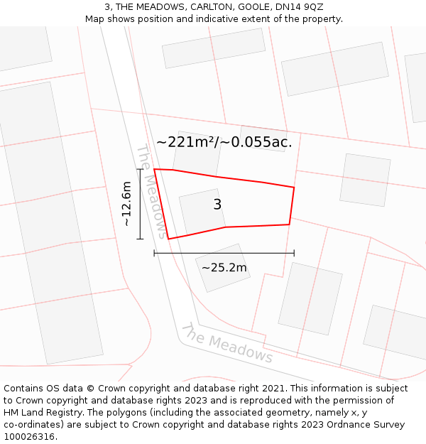 3, THE MEADOWS, CARLTON, GOOLE, DN14 9QZ: Plot and title map