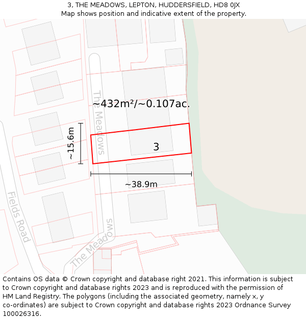 3, THE MEADOWS, LEPTON, HUDDERSFIELD, HD8 0JX: Plot and title map