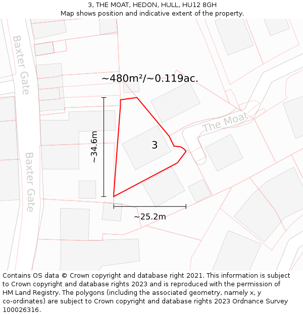 3, THE MOAT, HEDON, HULL, HU12 8GH: Plot and title map