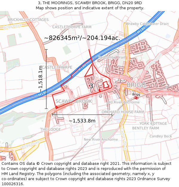 3, THE MOORINGS, SCAWBY BROOK, BRIGG, DN20 9RD: Plot and title map