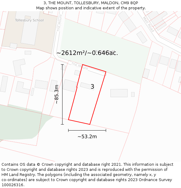 3, THE MOUNT, TOLLESBURY, MALDON, CM9 8QP: Plot and title map