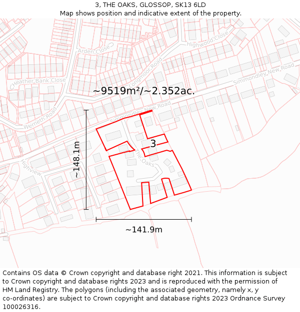 3, THE OAKS, GLOSSOP, SK13 6LD: Plot and title map