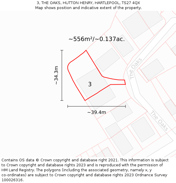 3, THE OAKS, HUTTON HENRY, HARTLEPOOL, TS27 4QX: Plot and title map