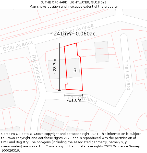 3, THE ORCHARD, LIGHTWATER, GU18 5YS: Plot and title map