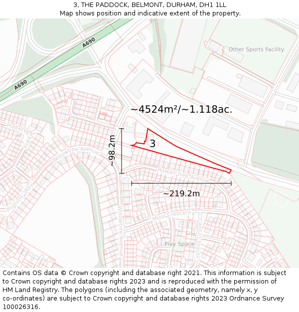 3, THE PADDOCK, BELMONT, DURHAM, DH1 1LL: Plot and title map