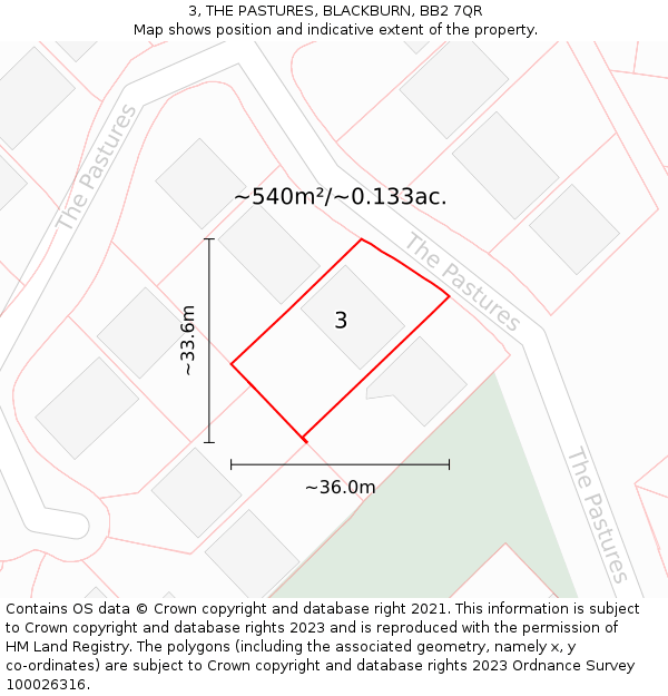 3, THE PASTURES, BLACKBURN, BB2 7QR: Plot and title map