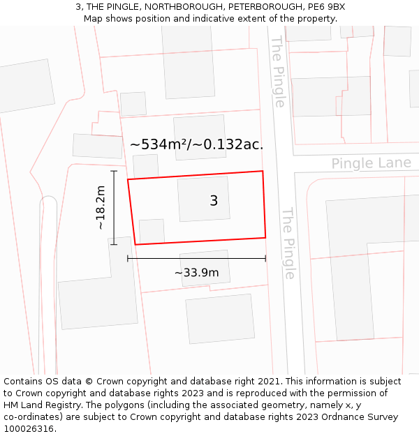 3, THE PINGLE, NORTHBOROUGH, PETERBOROUGH, PE6 9BX: Plot and title map