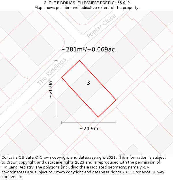3, THE RIDDINGS, ELLESMERE PORT, CH65 9LP: Plot and title map