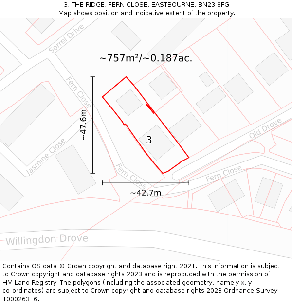 3, THE RIDGE, FERN CLOSE, EASTBOURNE, BN23 8FG: Plot and title map