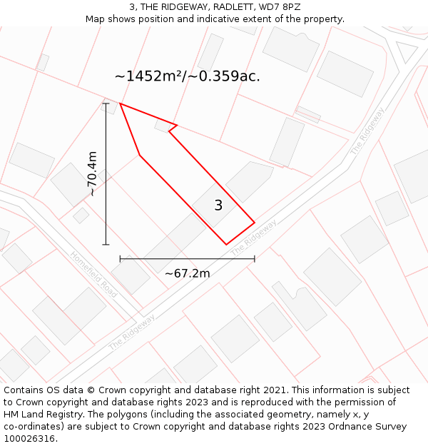 3, THE RIDGEWAY, RADLETT, WD7 8PZ: Plot and title map