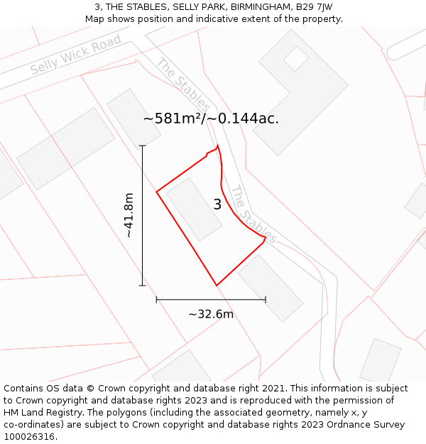 3, THE STABLES, SELLY PARK, BIRMINGHAM, B29 7JW: Plot and title map