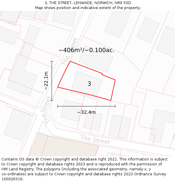 3, THE STREET, LENWADE, NORWICH, NR9 5SD: Plot and title map