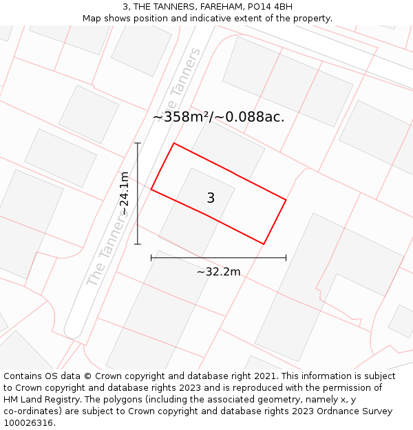 3, THE TANNERS, FAREHAM, PO14 4BH: Plot and title map